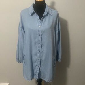 Lght Blue Denim Look Mini Dress Long Top Raw Hem 3/4 Drop Puff Sleeves Tier Back